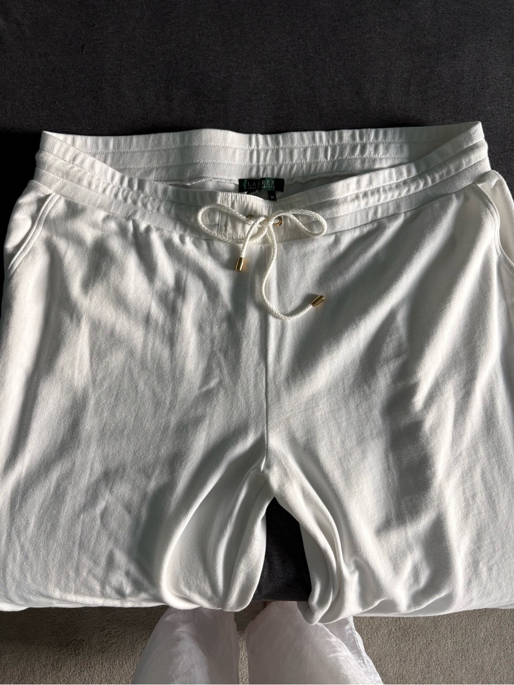 Lauren Ralph Lauren White Athleisure Luxury Gold Drawstring Wide Leg Pants